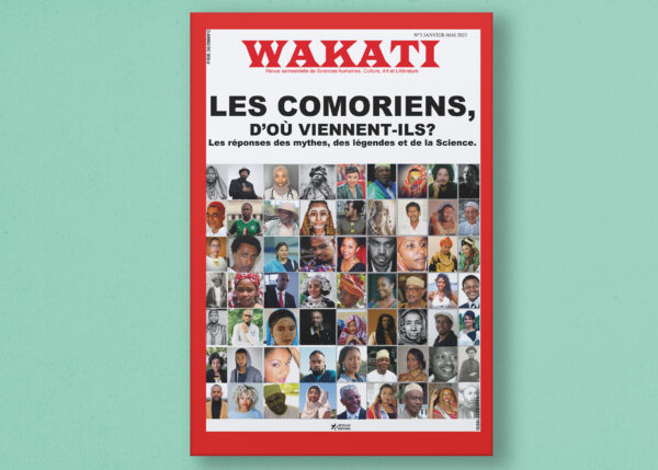 Couverture de la revue Wakati n°3, explorant les origines des Comoriens à travers les mythes, légendes et sciences, avec un collage de portraits de diverses personnes.