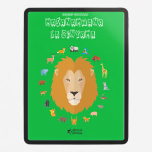 Couverture du livre Masanamwana la Zinyama de Gengis-Salmann, un ouvrage éducatif illustré pour enfants sur les animaux, avec des dessins colorés et un lion au centre entouré d'autres animaux.