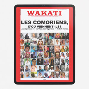 Couverture de la revue Wakati n°3, explorant les origines des Comoriens à travers les mythes, légendes et sciences, avec un collage de portraits de diverses personnes.