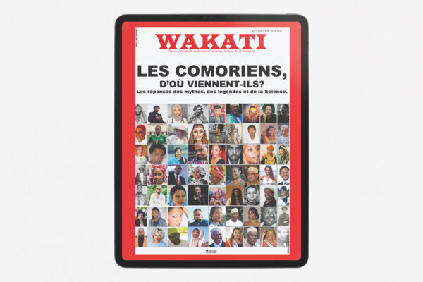 Couverture de la revue Wakati n°3, explorant les origines des Comoriens à travers les mythes, légendes et sciences, avec un collage de portraits de diverses personnes.