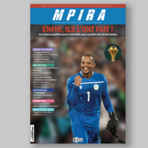 Couverture de Mpira, première revue sportive des Comores, célébrant la qualification historique des Comores pour la CAN 2022 avec des reportages, interviews, et analyses.